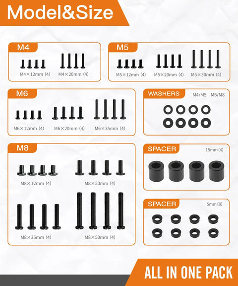 All In One TV Wall Mount Hardware Kit With Box M4 M5 M6 M8 Screws Washers Spacers For VESA Mounting Replacement Set contents