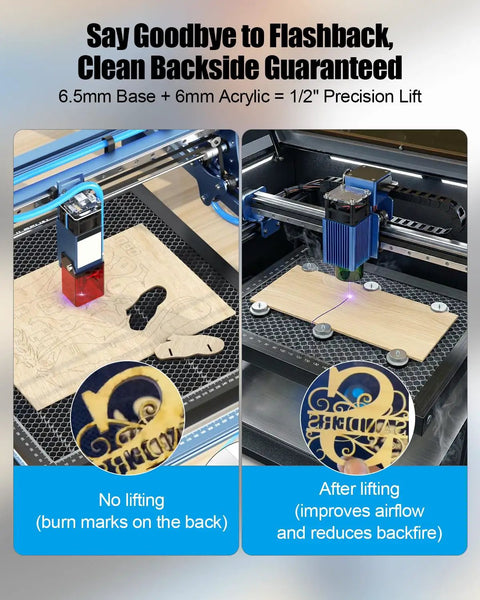 Laser Cutter Riser Set With Half Inch Precision Lift, showing wood engraving improvement with 43mm Magnet and Acrylic Spacer