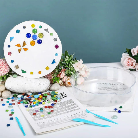 DIY Stepping Stone Kit With 20 Round Molds 250g Mosaic Tiles And 3 Carving Tools for garden decor, no concrete mix needed