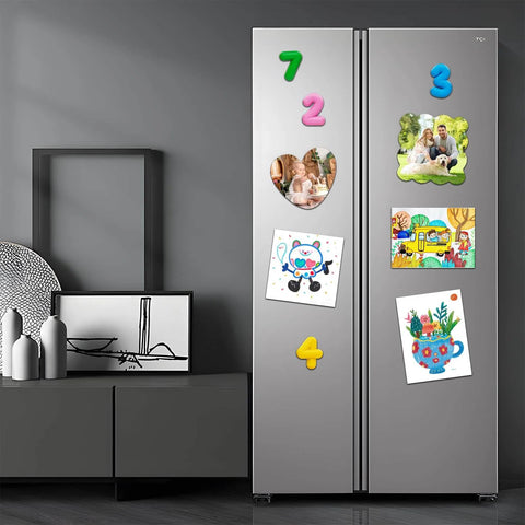 Fridge with colorful magnets and crafts using Non Adhesive Magnetic Sheets, Eight And A Half By Eleven Inches, Six Pack for DIY projects
