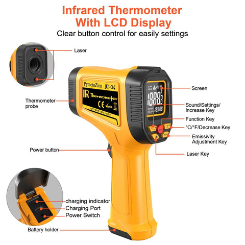 Rechargeable Infrared Temp Gun With Non Contact Laser Readout From Minus 58 Fahrenheit To 1472 Fahrenheit with LCD display