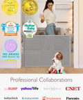 Woman using Retractable Baby Gate for Stairs and Doorways, 33 Inch Tall, Expands to 55 Inch Wide, with baby sitting nearby.