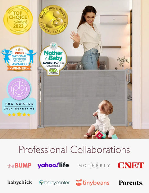Woman using Retractable Baby Gate for Stairs and Doorways, 33 Inch Tall, Expands to 55 Inch Wide, with baby sitting nearby.