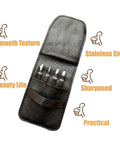 4 In 1 Tweezers Set With Travel Case, Pro Grade Stainless Steel in open leather case showing four different tweezer tips