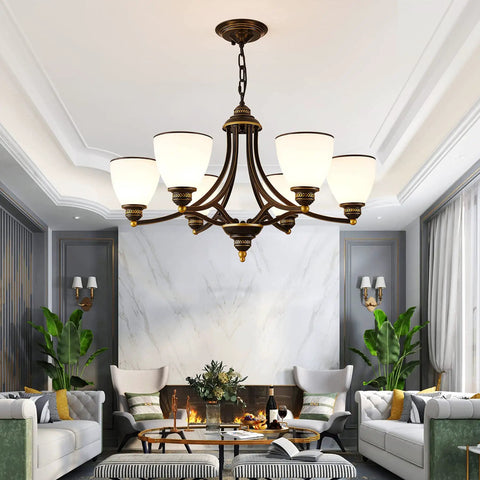 Dope Farmhouse Dining Room Chandelier With Six Frosted Glass Shades Black Metal Pendant Light Fixture in a modern living room