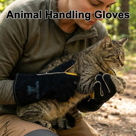 Person wearing 14 Inch Heavy Duty Leather Welding Gloves With Soft Lining, 932 F Heat Resistant Mitts holding a cat