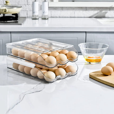Two Layer Ramp Type Auto Rolling Egg Holder For Fridge Organizer Large Clear Egg Bin Stackable Egg Storage Tray With Front Load Roll Forward Design For Easy Access Daily Use on kitchen counter