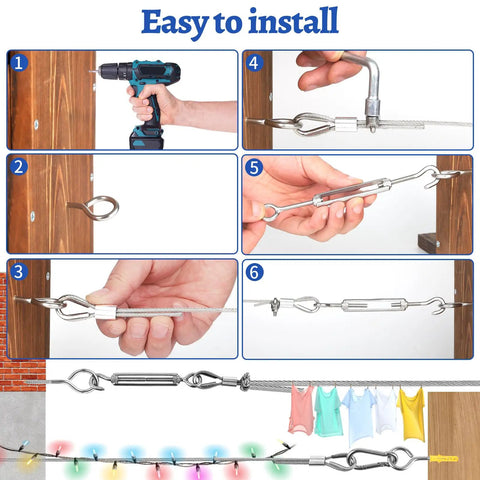 Installation steps of Heavy Duty One Eighth Inch Vinyl Coated Stainless Steel Wire Rope Kit 100 Feet with accessories and lights