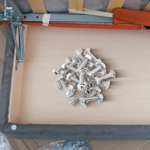 Weather Ready Carriage Bolt Kit with 20 sets of carbon steel bolts, nuts, washers on wooden surface