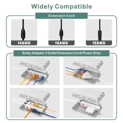 Tough As Nails Outdoor Waterproof Electrical Box, Large Extension Cord Cover With Nine Cable Ports displaying compatibility with various gauge cords.