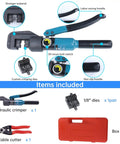 Hydraulic Crimping Tool For Cable Railing Kit With Wire Cutter Beefed Up Swaging Tool For One Eighth Inch Stainless Steel Cable T316 Hardware Dies Deck Railing Installation CR09 CK12 Compatible, includes crimper, dies, cable cutter, and box.