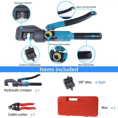 Hydraulic Crimping Tool For Cable Railing Kit With Wire Cutter Beefed Up Swaging Tool For One Eighth Inch Stainless Steel Cable T316 Hardware Dies Deck Railing Installation CR09 CK12 Compatible, includes crimper, dies, cable cutter, and box.