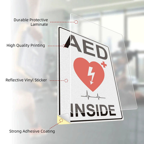 AED Sign Stickers, 2 Pack, 10x7 Large Vinyl Wall Signage For Quick AED Location, High Visibility Reflective Decals For Cabinets, Walls, Halls, And Emergency Response Areas, laminated vinyl