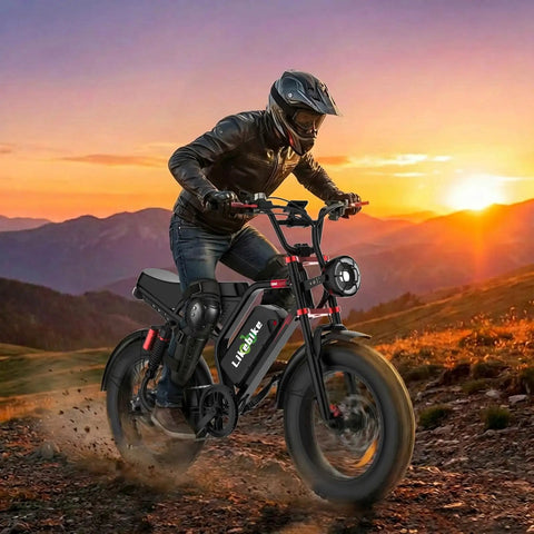 Premium Adult Electric Bike With A Badass 3000W Peak Brushless Hub Motor, Packing A Massive 48V 33Ah Removable Battery For Tough Trail Ripping And Smooth Pavement Cruisin. A rider on a black electric fat bike on a mountain trail.