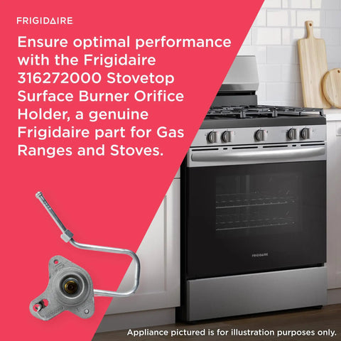 Frigidaire gas stove with Stovetop Surface Burner Orifice Holder Replacement for Gas Ranges and Stoves shown separately.