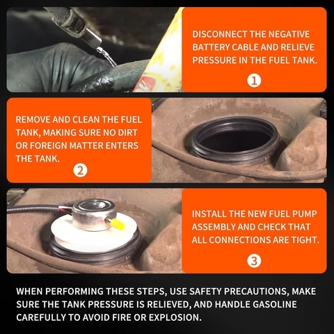 Installation steps for Fuel Pump Assembly For Jeep Wrangler YJ 1991-1995 showing disconnecting battery and cleaning tank.