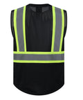 Heavy Duty Class Two Hi Vis Safety Vest Zip Front Five Pocket Tool Storage Unisex Workwear Ansi Isea Compliant Job Site Ready Reflective Gear Built Tough Black Three X Large Crew Approved, back view showing mesh material and reflective bands.