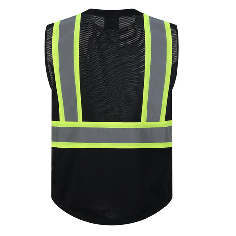 Heavy Duty Class Two Hi Vis Safety Vest Zip Front Five Pocket Tool Storage Unisex Workwear Ansi Isea Compliant Job Site Ready Reflective Gear Built Tough Black Three X Large Crew Approved, back view showing mesh material and reflective bands.