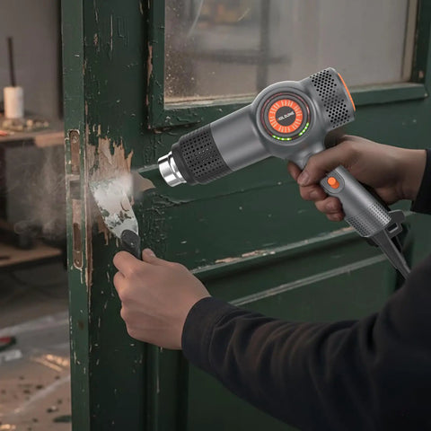 Person using Beast 1800W Heat Gun With Fast Heating, LED Temperature Display to strip paint from a wooden door