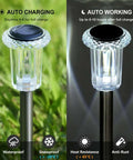 Solar LED Outdoor Stake Lights Pack Of 10 Waterproof Stainless Steel Yard Pathway Garden Driveway Walkway Landscape Lighting 6000K Cool White Easy Setup Weatherproof No Hassle showing day and night mode on grass.