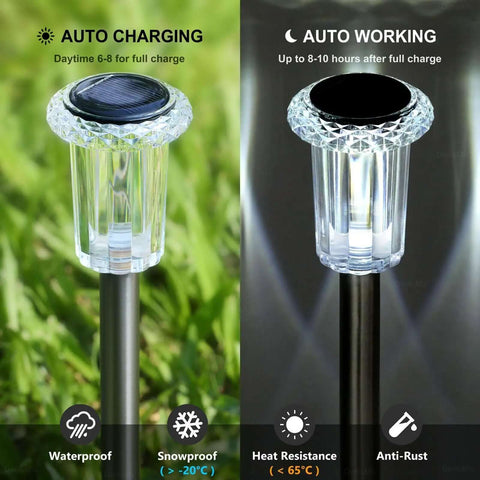 Solar LED Outdoor Stake Lights Pack Of 10 Waterproof Stainless Steel Yard Pathway Garden Driveway Walkway Landscape Lighting 6000K Cool White Easy Setup Weatherproof No Hassle showing day and night mode on grass.