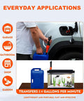 Front view of BestCosy portable siphon pump transferring fuel from car to blue plastic can; aquarium setup shown.