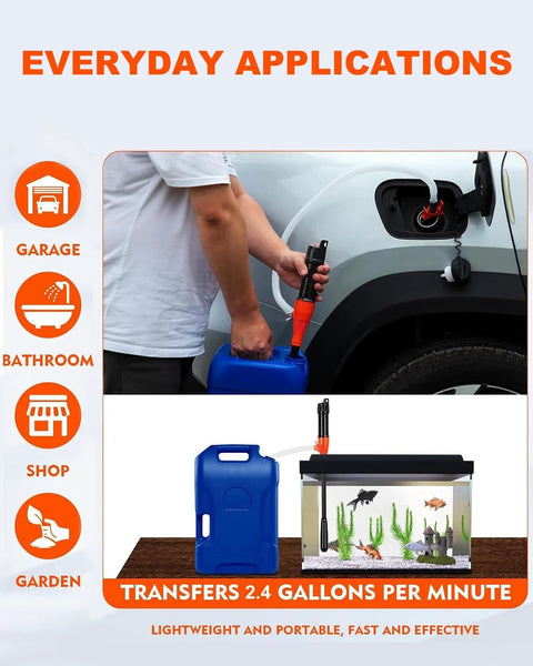 Front view of BestCosy portable siphon pump transferring fuel from car to blue plastic can; aquarium setup shown.