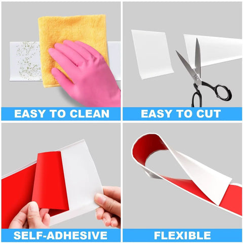 Features of the Flexible Baseboard Molding Trim 4 Inch Wide 20 Feet Long Peel And Stick Self Adhesive Vinyl Wall Base Cove Base shown.