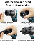 Cordless Electric Rivet Gun And Nut Setter Kit With Rechargeable Battery Charger Plus Rugged Carry Case No Cord Hassles Grab And Roll Power Tool showing self-locking gun head assembly steps.