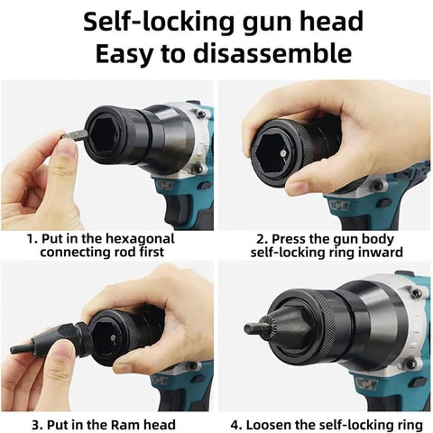 Instructions showing disassembly of Knockout Cordless Electric Rivet Gun And Automatic Nut Setter with self-locking gun head.