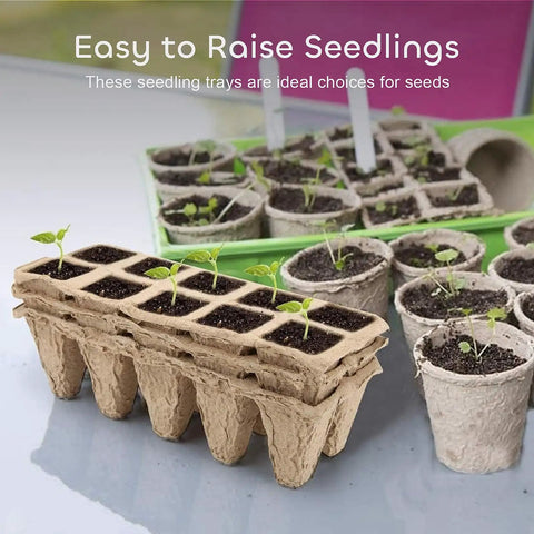 120 Cell Biodegradable Peat Pots Seed Starter Trays 12 Pack With 15 Plant Labels showcasing seedlings in trays and plant labels