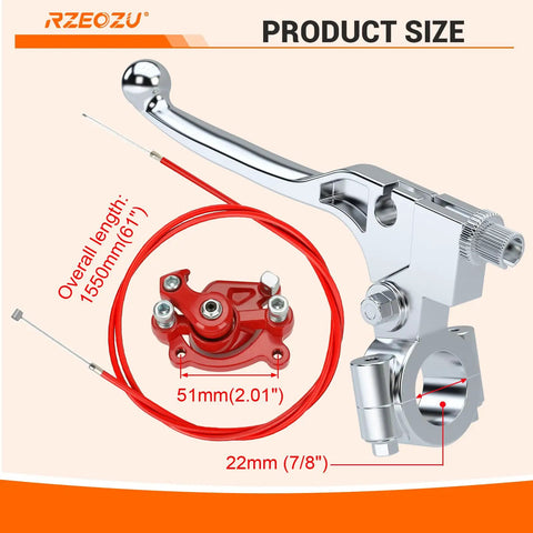 80cc Mini Bike Throttle Cable And Brake Kit For Mega Moto MMB80 MMB105 Coleman CC100X CT100U Baja Doodle Bug DB30 Motovox MBX10 MBX11 And More 22mm Handlebar Grips 61 Inch Brake Cable Seven Eighths Lever showing lever, caliper and cables.