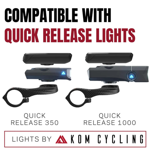 Carbon Finish Garmin Bike Mount For Edge 530 And 830 And Other Models compatible with quick release lights shown.