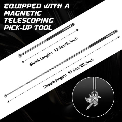 Upgraded Double Jointed Extra Long Flex Head Ratchet Wrench Set with magnetic telescoping pick-up tool, shrink and stretch length