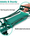 Folded green garden kneeler and seat with soft EVA foam pad, showing heavy duty steel frame and spring grip storage feature.