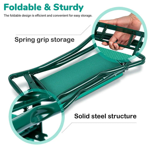 Folded green garden kneeler and seat with soft EVA foam pad, showing heavy duty steel frame and spring grip storage feature.