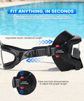 Three Window Panoramic Snorkel Mask For Grown Ups With Anti Fog Scratch Resistant PC Lenses shown by a pool with adjustable strap
