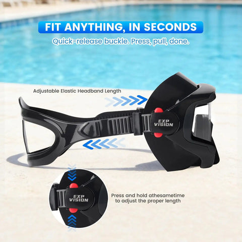 Three Window Panoramic Snorkel Mask For Grown Ups With Anti Fog Scratch Resistant PC Lenses shown by a pool with adjustable strap
