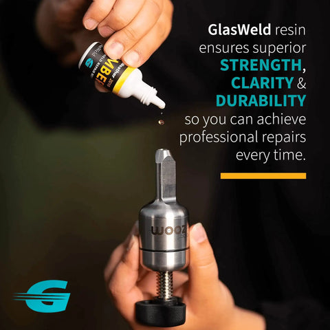 Person applying CrackWeld 1000 Windshield Repair UV Resin For Long Cracks Over Six Inches to a windshield repair tool.