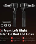 2 front left right outer tie rod end links with bolts, nuts, and pins on black surface