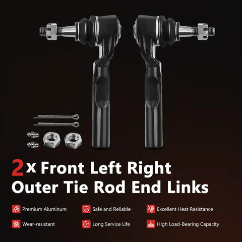 2 front left right outer tie rod end links with bolts, nuts, and pins on black surface