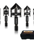 DECKKAT 5-piece countersink drill bit set with 82° 5-flute, 1/4in quick-change hex shank, sizes 1/4-3/4in