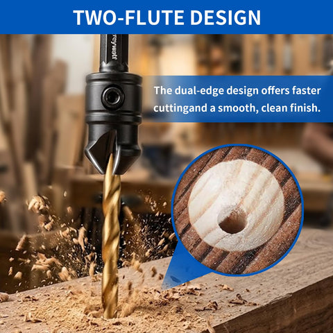 Top Shelf 16 Piece Adjustable Countersink Drill Bit Set Boasts A Hella Smooth Cut 3 In 1 showing two-flute design for clean wood holes.