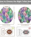 Toilet Seat Round Resin for Bathroom with colorful wave design, measuring 12.4x14.4 inches, showing size compatibility options.
