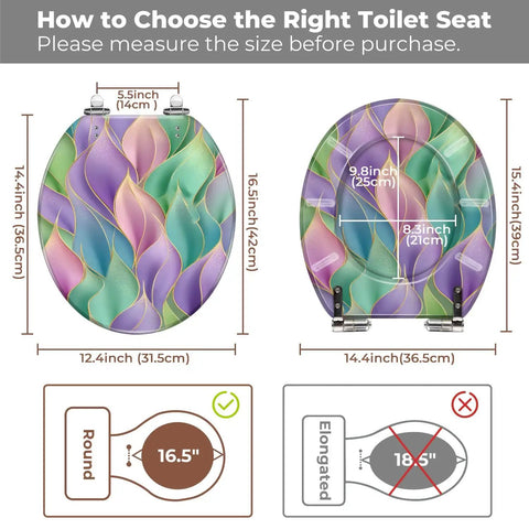 Toilet Seat Round Resin for Bathroom with colorful wave design, measuring 12.4x14.4 inches, showing size compatibility options.