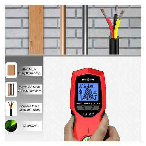 Heavy Duty Digital Wall Stud Finder With Bright Backlit Display For Dead On Ac Cable Scan Metal Pipe Locate And Wood Joist Detection Zero Hassle Design That Turns Demo Work Into A Total Breeze, showing scanning modes and display.