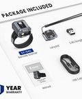 Package contents for Wristband Wearable Barcode Scanner For Hands Free Scanning Fast 1D 2D Code Capture Pro Grade Portable Bluetooth USB QR Reader For Warehouse Use Compatible With iPhone iPad And Android, showing scanner, dongle, lanyard, USB cable, and manual
