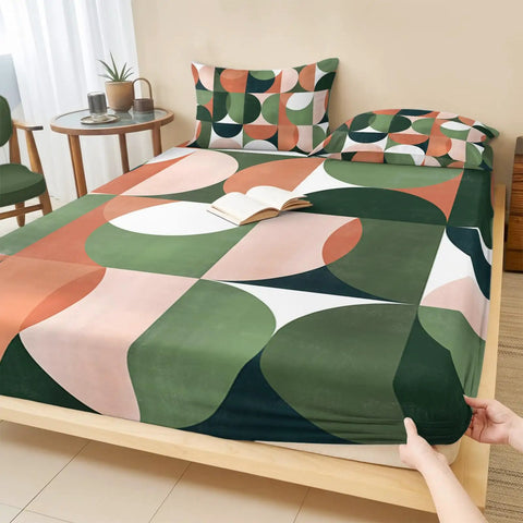Cloud Soft Queen Fitted Sheets With 16 Inch Deep Pocket Microfiber Bedding Set Includes Two Pillowcases on a bed with geometric patterns.