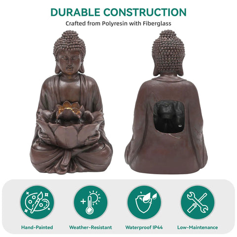 Front and back view of Chill Zen Buddha Outdoor Water Fountain 19 Inch Handcrafted Statue Water Feature With Soothing Waterfalls
