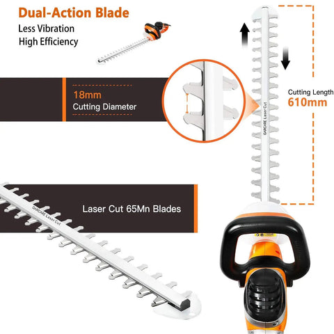 Corded Electric Hedge Trimmer With 4.8 Amp Motor 24 Inch Dual Action Laser Cut Blade for Efficient Hedge Shaping 18 mm Cutting Capacity